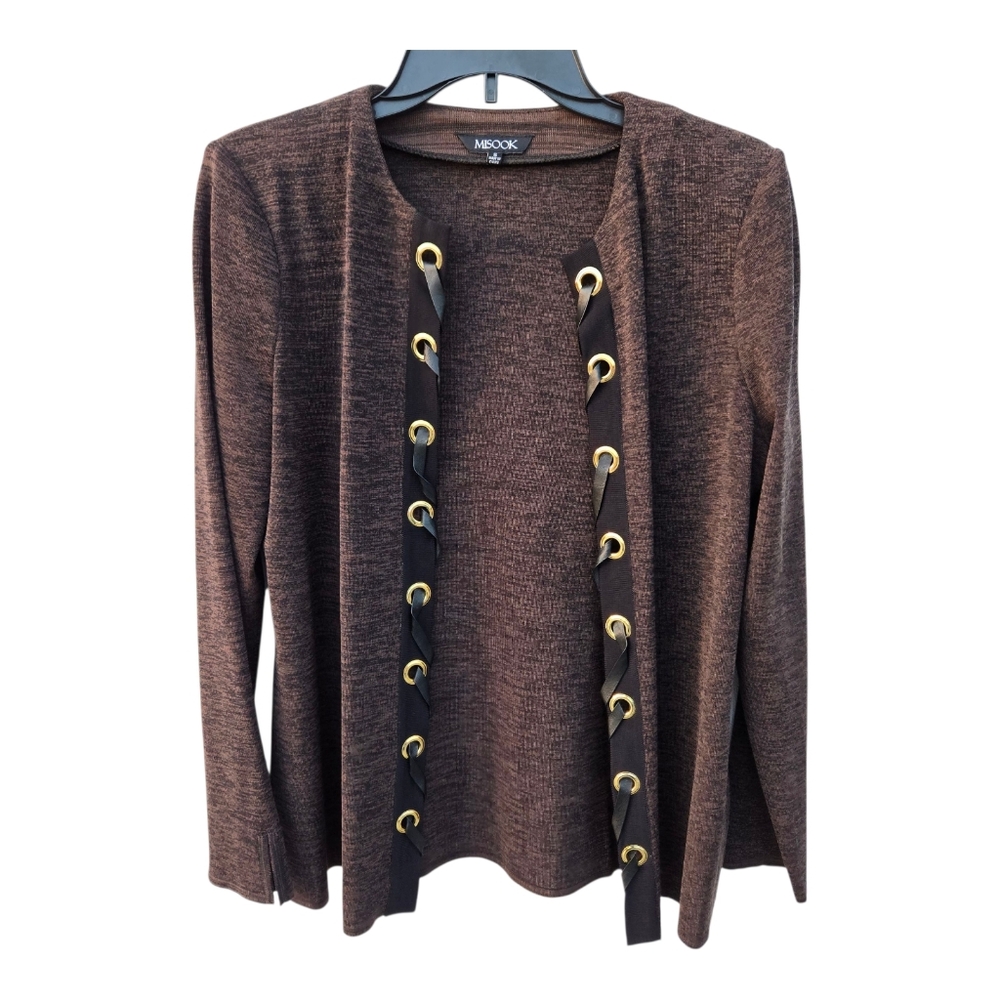 Misook Womens Small Brown Open Front Jacket Ggold Grommrt Accent